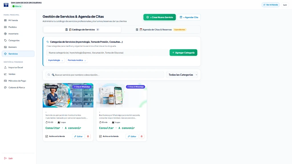 Pantalla de Gestión de Servicios y Citas en el Admin